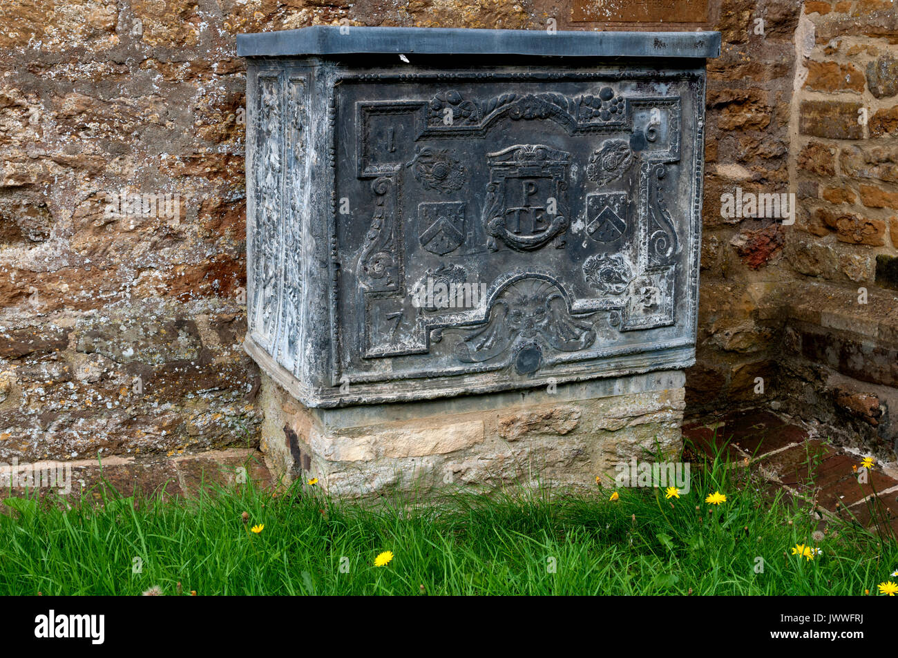 17th century lead trough outside St. Martin`s Church, Welton